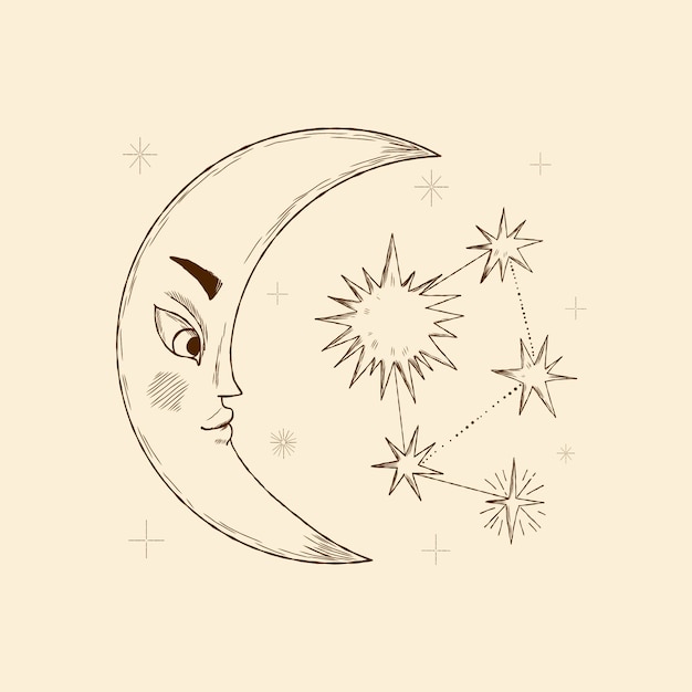 Dibujado a mano luna y estrellas dibujo ilustración