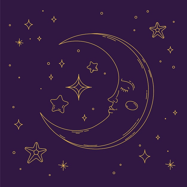 Vector gratuito dibujado a mano luna y estrellas dibujo ilustración