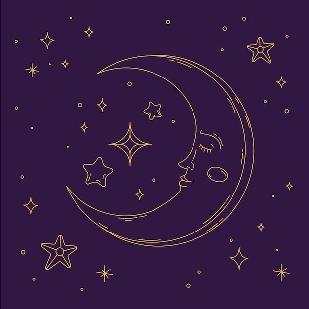 Dibujado a mano luna y estrellas dibujo ilustración