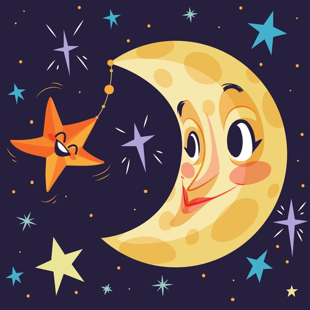 Dibujado a mano luna y estrellas dibujo ilustración
