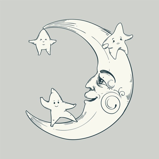 Dibujado a mano luna y estrellas dibujo ilustración