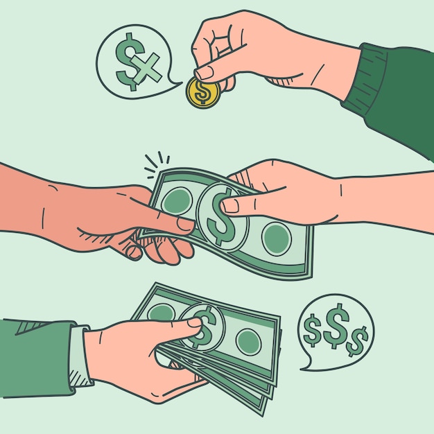 Dibujado a mano mano sosteniendo dinero dibujo ilustración