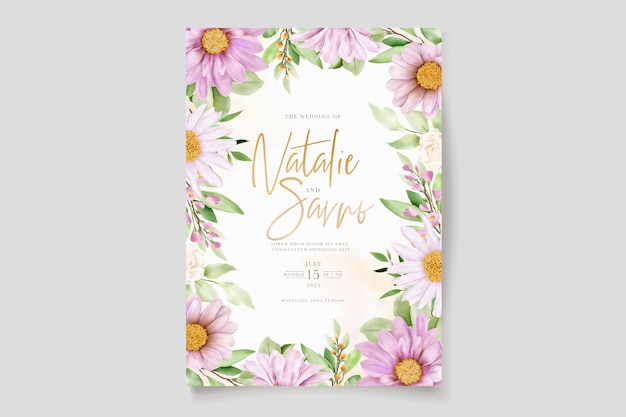 Vector gratuito dibujado a mano margarita acuarela floral y hojas conjunto de tarjeta de invitación