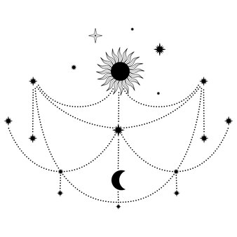 Dibujado a mano mística sol y luna con estrellas en arte lineal. símbolo espiritual del espacio celestial. talismán mágico, estilo antiguo, boho, tatuaje, logo. ilustración de vector aislado sobre fondo blanco.