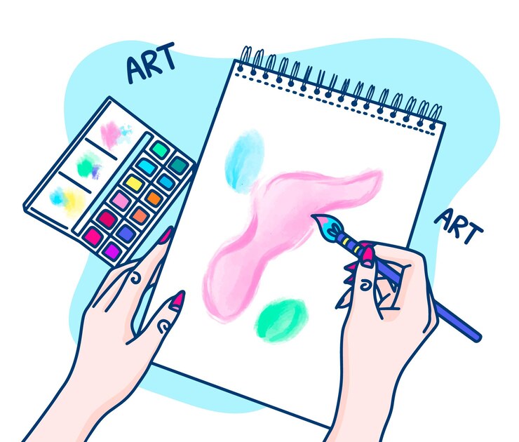 Vector gratuito dibujado a mano mujer artista pintando en un cuaderno con el concepto de acuarelas