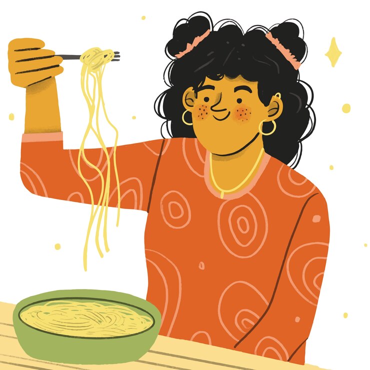 Vector gratuito dibujado a mano mujer comiendo fideos ilustración