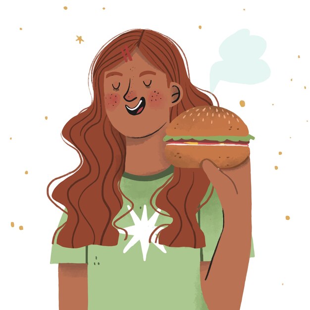 Dibujado a mano mujer comiendo ilustración de hamburguesa