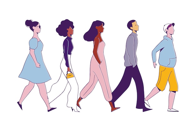Dibujado a mano multitud de personas caminando ilustración