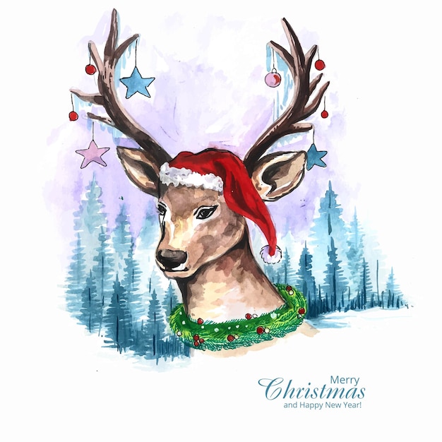 Vector gratuito dibujado a mano navidad ciervos paisaje árboles fondo acuarela