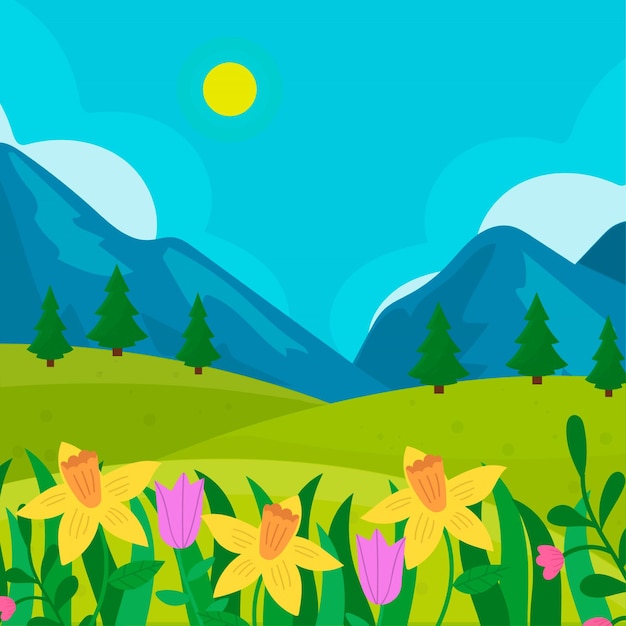 Dibujado a mano paisaje de primavera con montañas y flores
