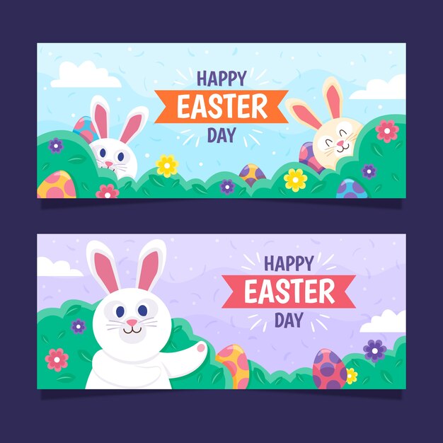 Dibujado a mano pancartas del día de pascua con conejito