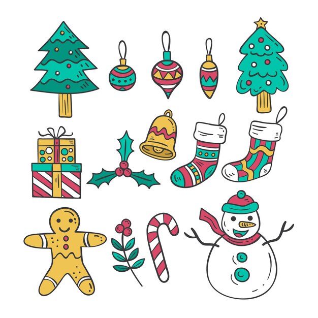 Dibujado a mano paquete de elementos de Navidad