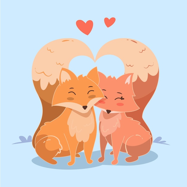 Dibujado a mano pareja de animales de san valentín