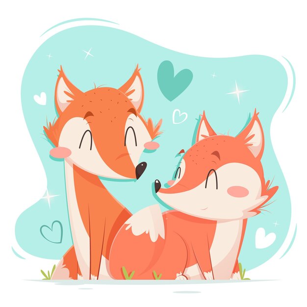 Dibujado a mano pareja de animales de san valentín