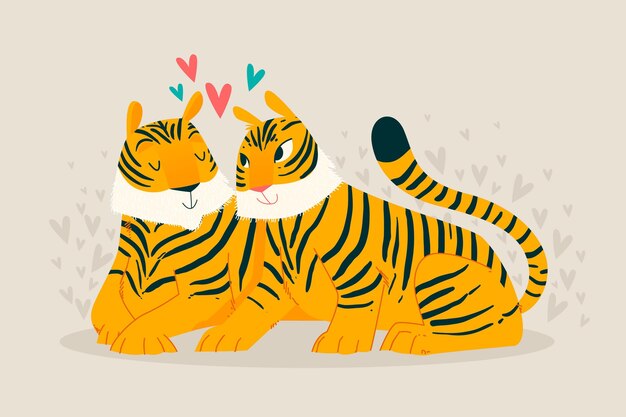 Dibujado a mano pareja de animales de san valentín