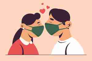 Vector gratuito dibujado a mano pareja besándose con ilustración de máscara covid