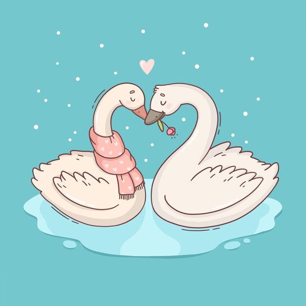 Dibujado a mano pareja de cisnes de san valentín