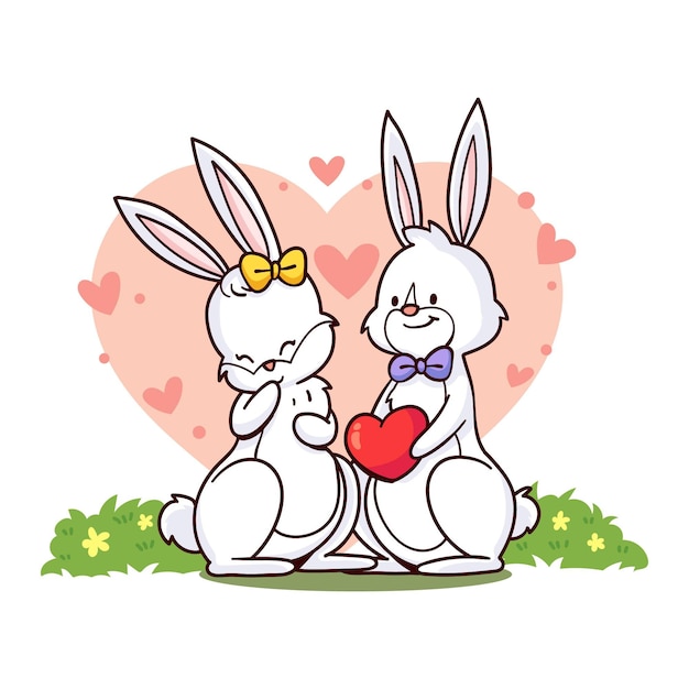Dibujado a mano pareja de conejos de san valentín