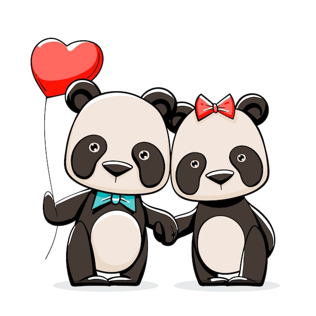 Dibujado a mano pareja de panda de san valentín