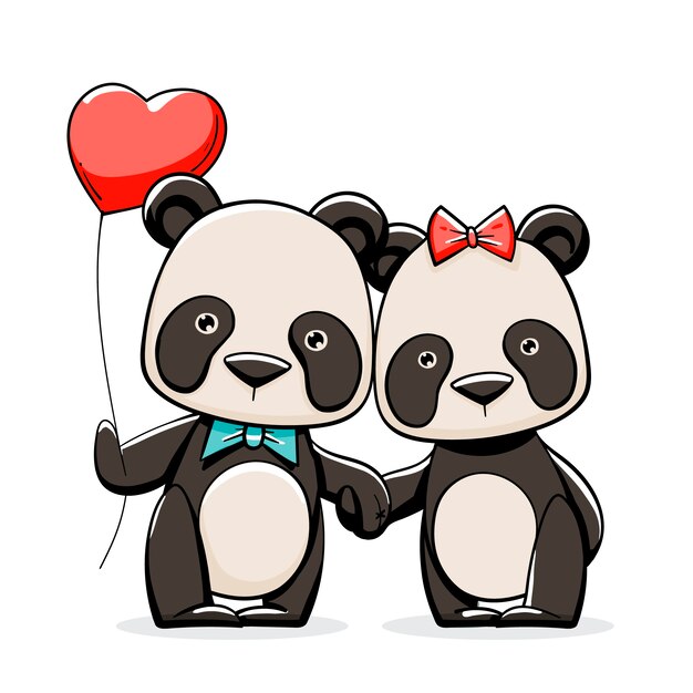 Dibujado a mano pareja de panda de san valentín
