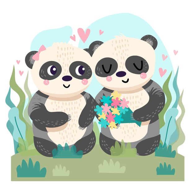 Dibujado a mano pareja de pandas de san valentín