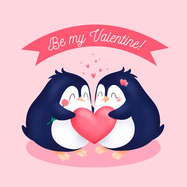 Dibujado a mano pareja de pingüinos de san valentín