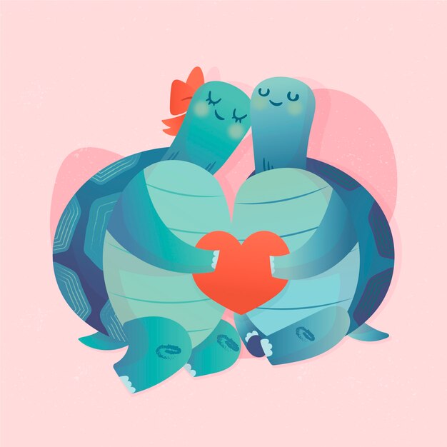 Dibujado a mano pareja de tortugas de San Valentín