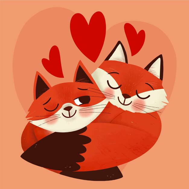 Dibujado a mano pareja de zorros de san valentín
