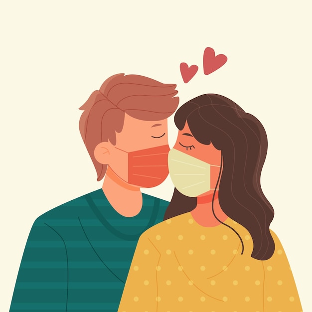 Vector gratuito dibujado a mano parejas besándose con ilustración de máscara covid