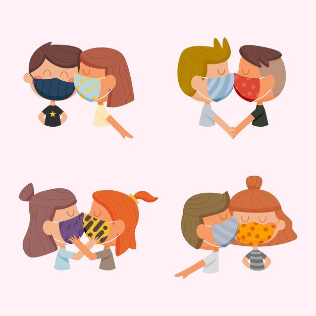 Dibujado a mano parejas besándose con ilustración de máscara covid