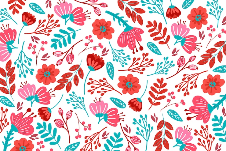 Vector gratuito dibujado a mano patrón floral en tonos rojos.