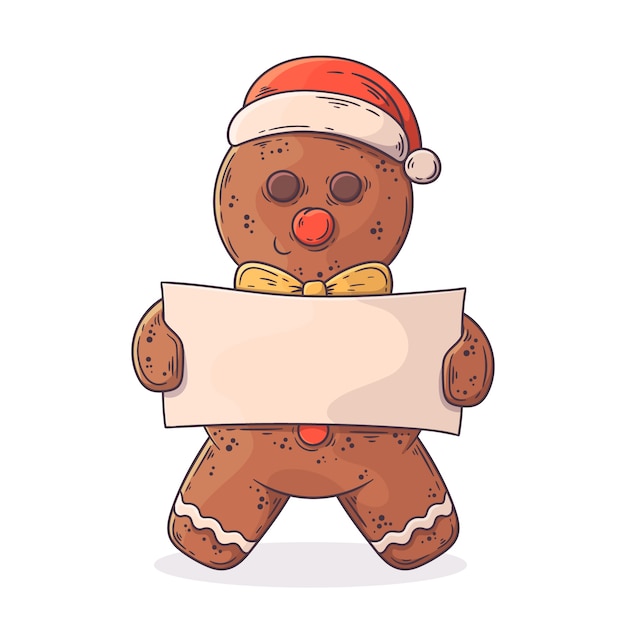 Dibujado a mano personaje de Navidad hombre de jengibre sosteniendo pancarta en blanco