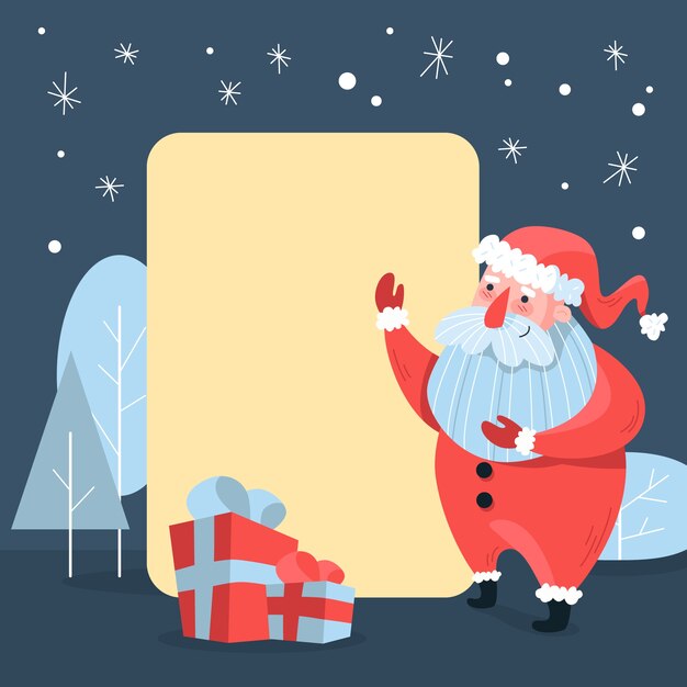 Dibujado a mano personaje de navidad santa claus sosteniendo pancarta en blanco