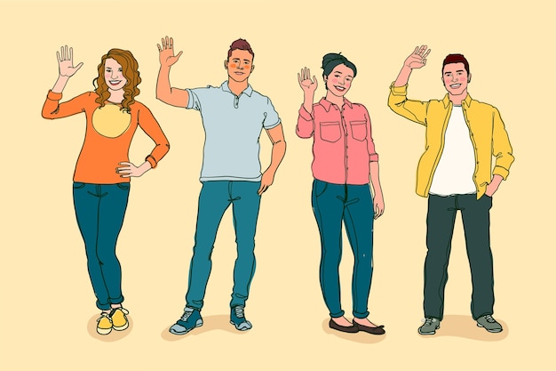 Dibujado a mano personas agitando ilustración