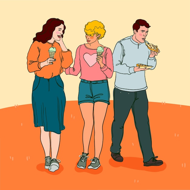 Dibujado a mano personas comiendo ilustración