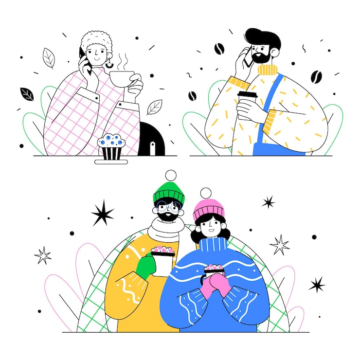 Vector gratuito dibujado a mano personas de diseño plano con bebidas calientes.