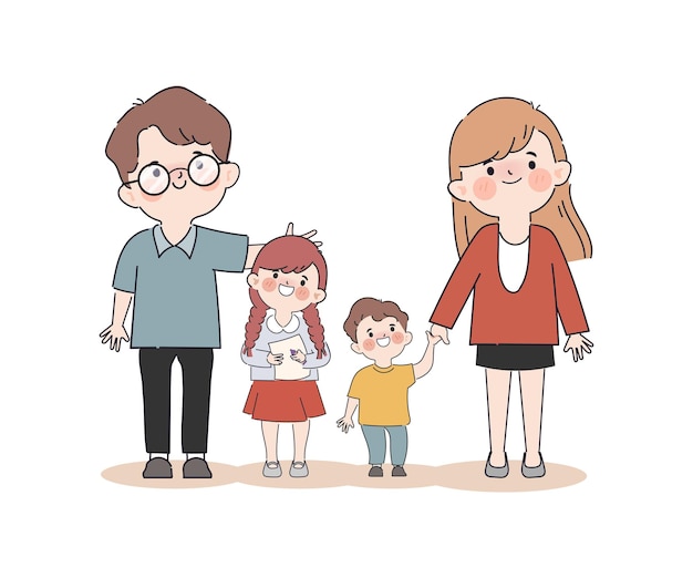 Dibujado a mano personas de la familia con carácter de gesto de padre hijo hija y madre clipart