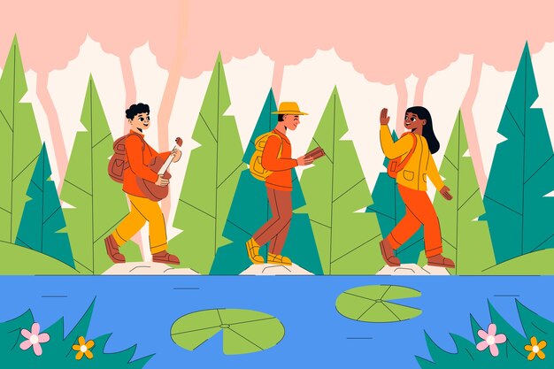 Dibujado a mano personas en la ilustración del bosque