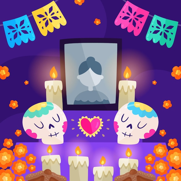 Vector gratuito dibujado a mano plana dia de muertos ilustración de altar de hogar familiar