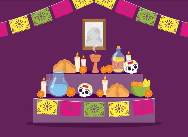 Dibujado a mano plana dia de muertos ilustración de altar de hogar familiar