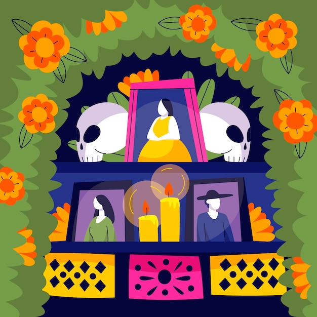 Dibujado a mano plana dia de muertos ilustración de altar de hogar familiar