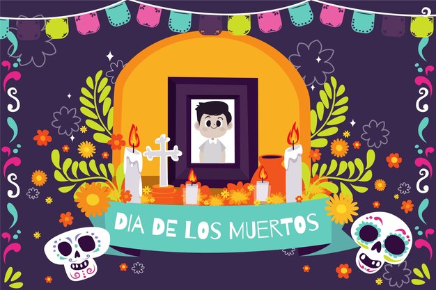 Dibujado a mano plana dia de muertos ilustración de altar de hogar familiar