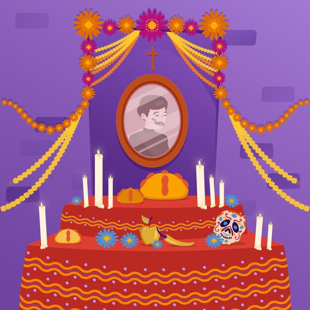Dibujado a mano plana dia de muertos ilustración de altar de hogar familiar