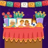 Vector gratuito dibujado a mano plana dia de muertos ilustración de altar de hogar familiar