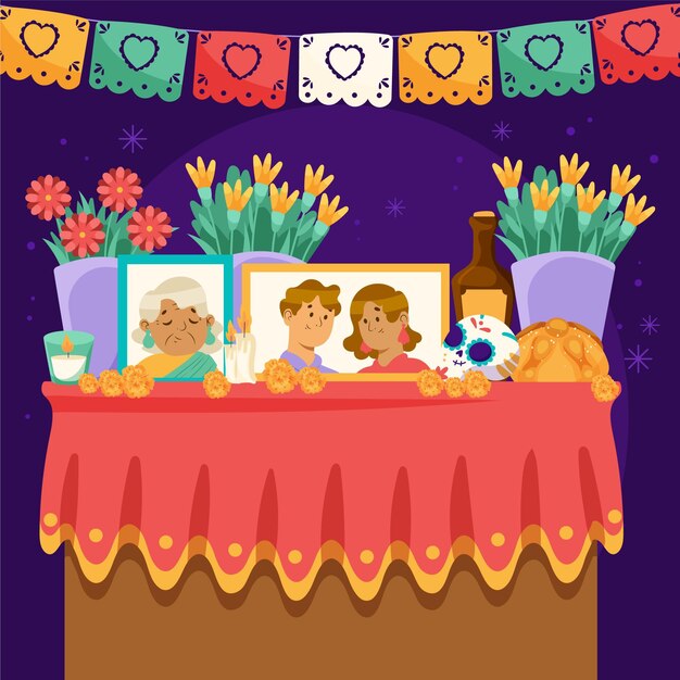 Dibujado a mano plana dia de muertos ilustración de altar de hogar familiar
