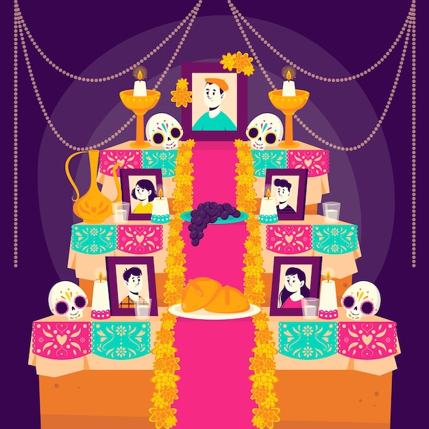 Dibujado a mano plana dia de muertos ilustración de altar de hogar familiar