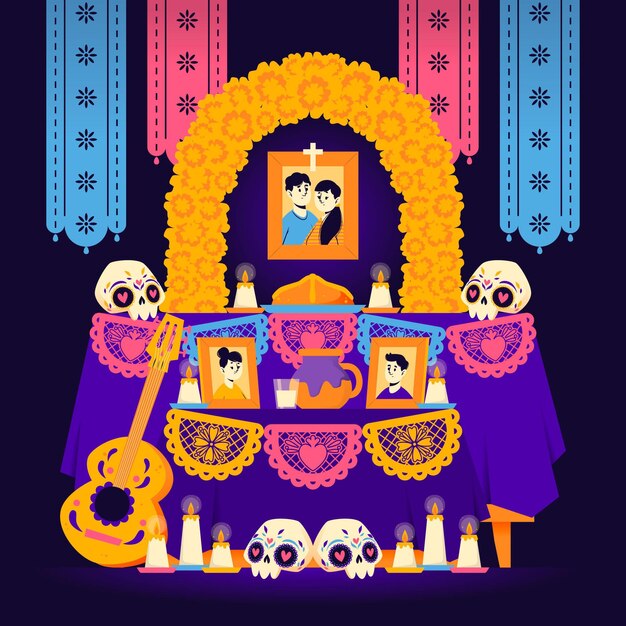 Dibujado a mano plana dia de muertos ilustración de altar de hogar familiar