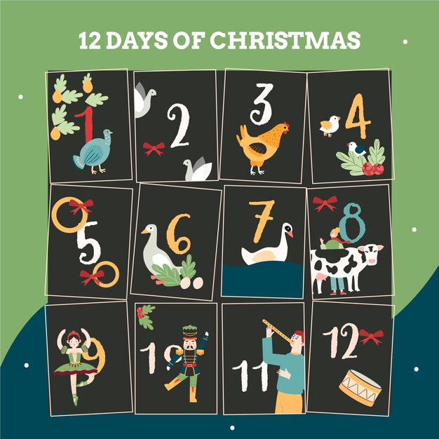 Dibujado a mano plano 12 días de navidad ilustración