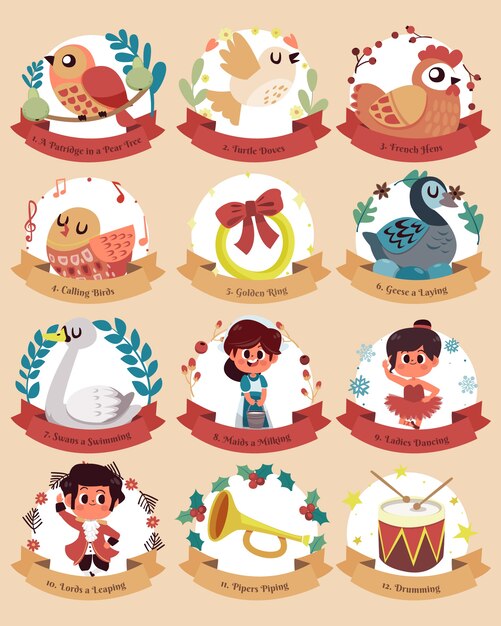 Dibujado a mano plano 12 días de navidad ilustración