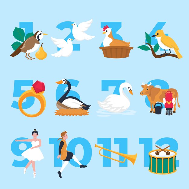 Dibujado a mano plano 12 días de navidad ilustración
